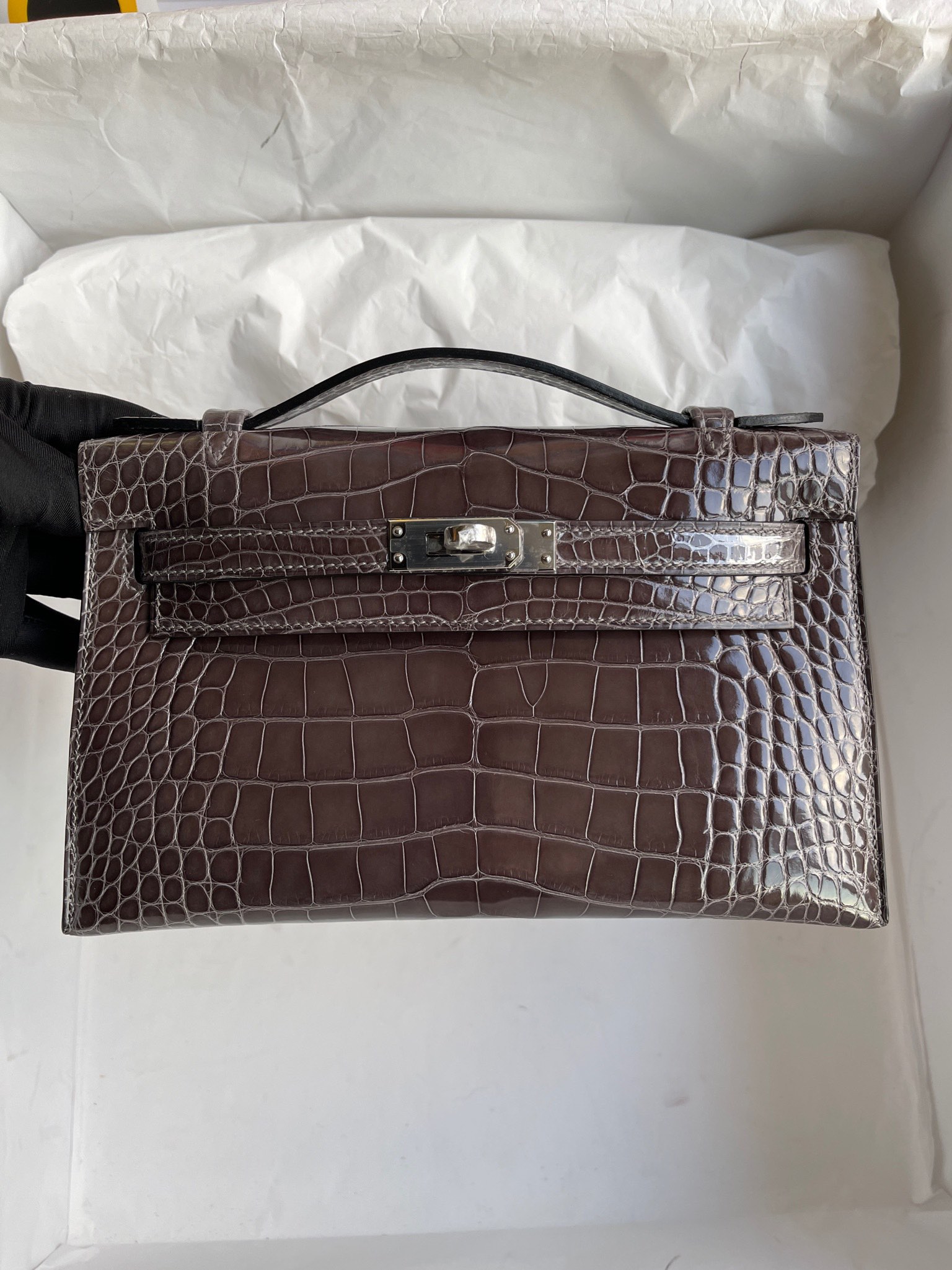 에르메스 켈리22 포쉐트 그레이 은장 샤이니 악어가죽